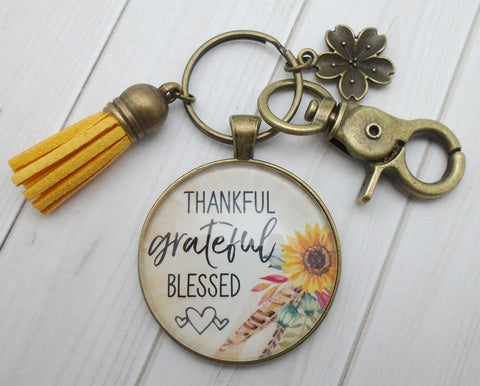 Thankful Grateful Blessed Bronze Keychain