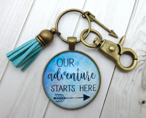 Our Adventure Starts Here Bronze Keychain