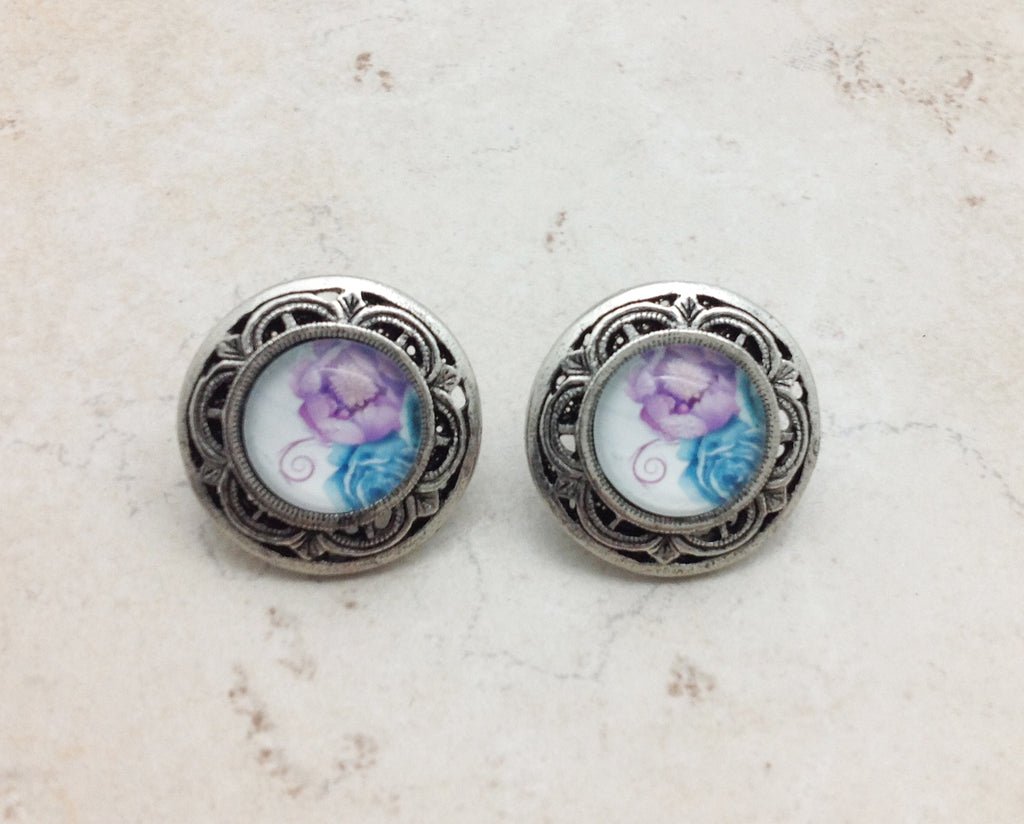 Pewter Blue and Purple Flower Earrings