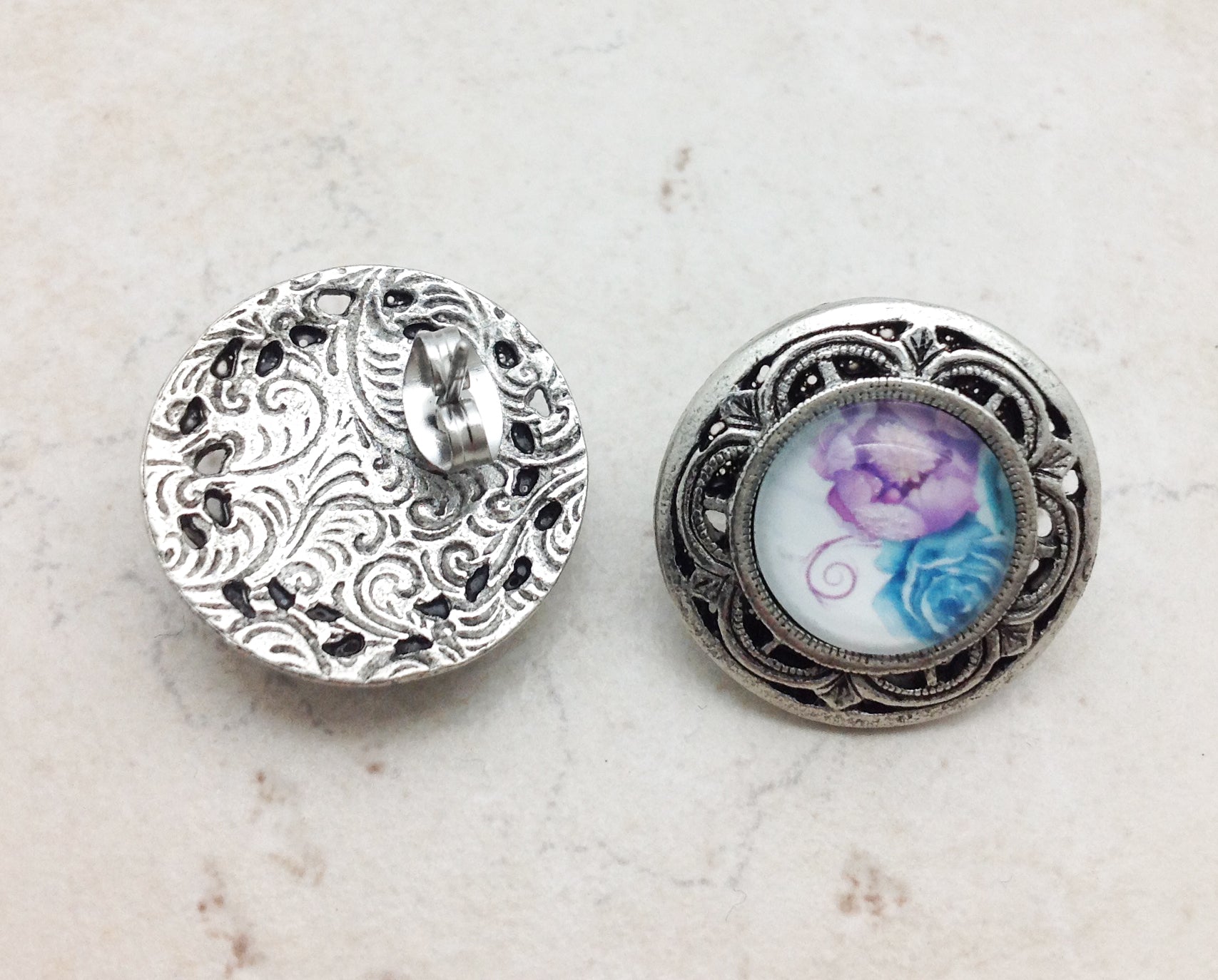 Pewter Blue and Purple Flower Earrings