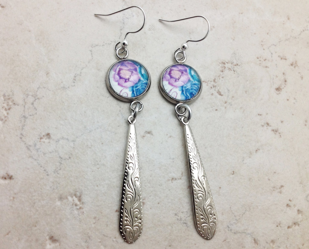 Blue and Purple Flower Long Drop Earrings