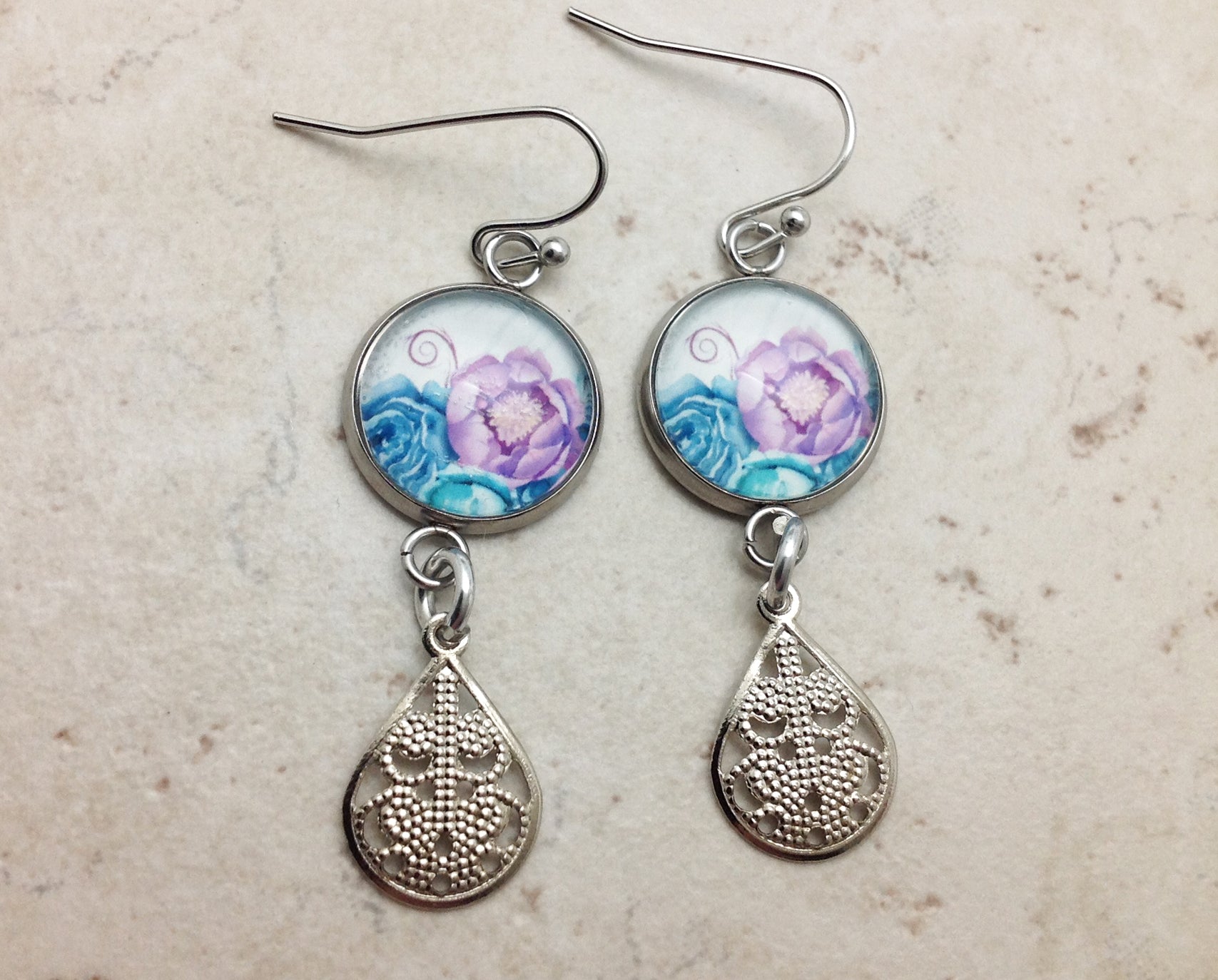 Blue and Purple Flower Short Drop Earrings