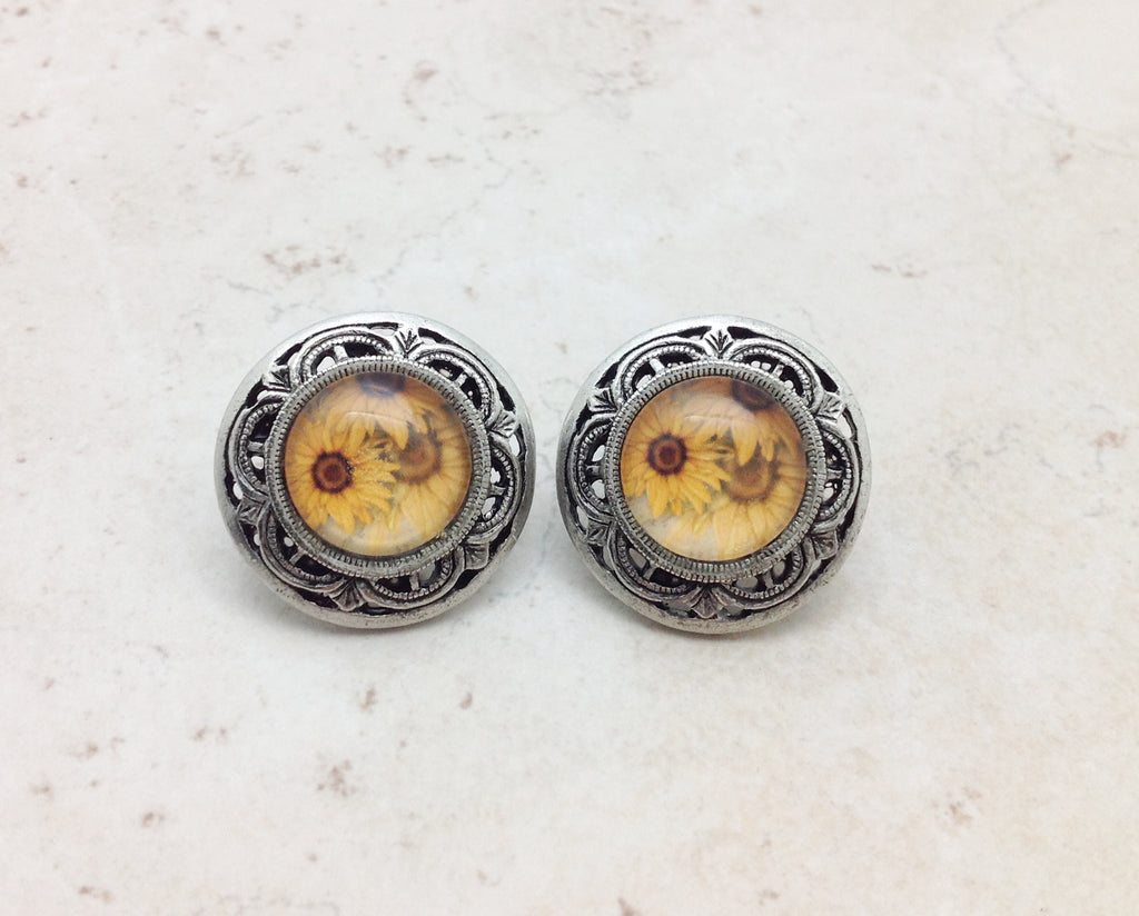 Pewter Sunflower Earrings