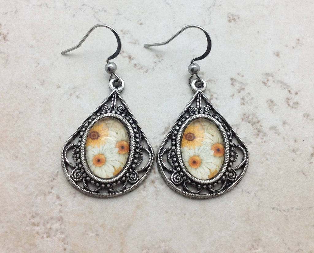 Pewter Sunflower Drop Earrings