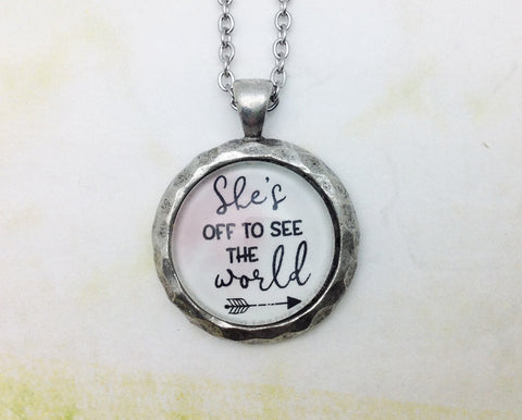 She's Off to See the World Hammered Edge Pewter Necklace