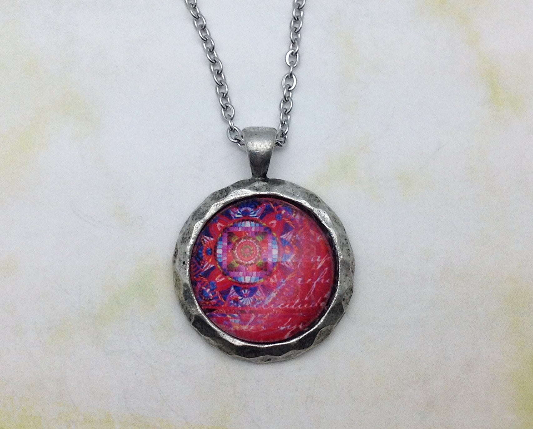 Red Mandala Hammered Edge Pewter Necklace