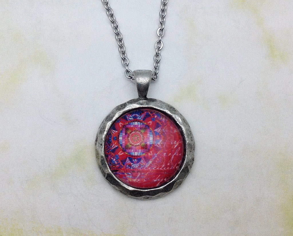 Red Mandala Hammered Edge Pewter Necklace