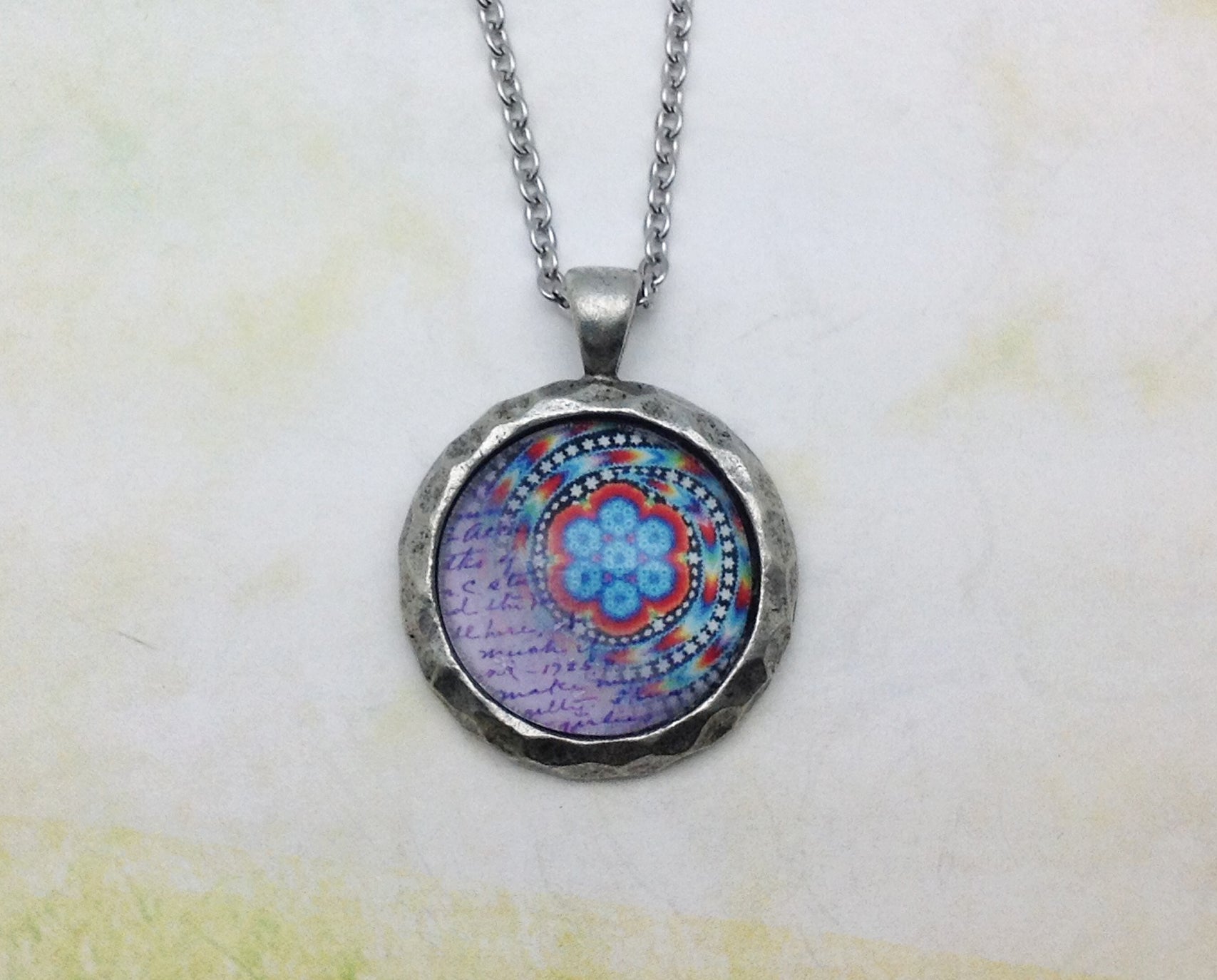 Purple Mandala Hammered Edge Pewter Necklace