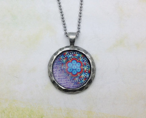Purple Mandala Hammered Edge Pewter Necklace
