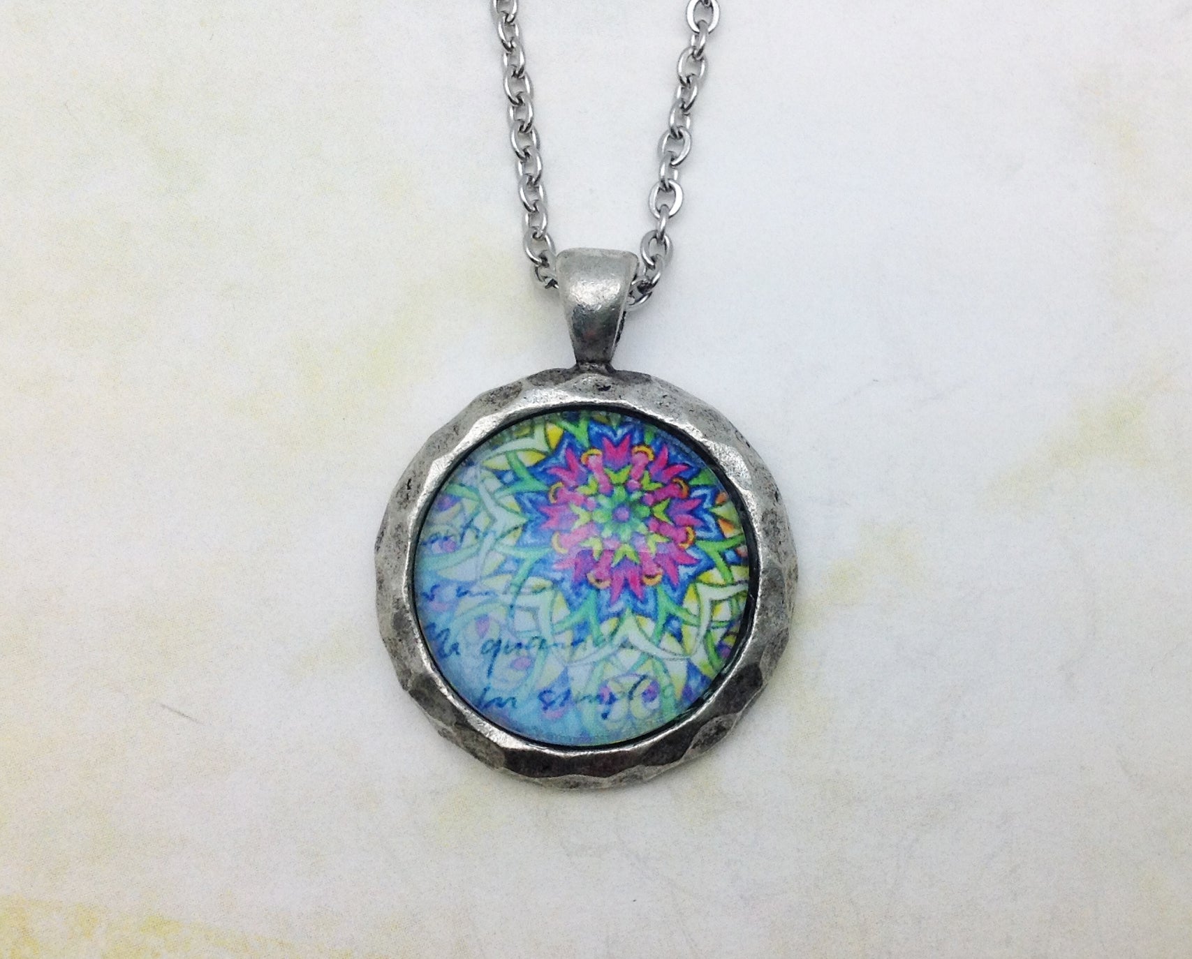 Blue Mandala Hammered Edge Pewter Necklace