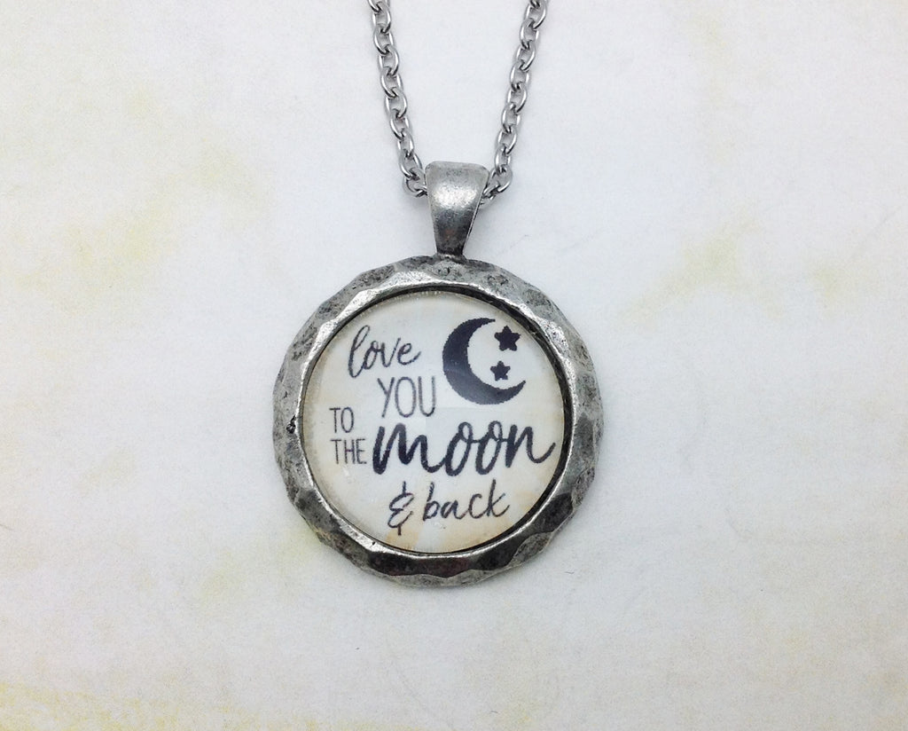 Love You to the Moon and Back Hammered Edge Pewter Necklace