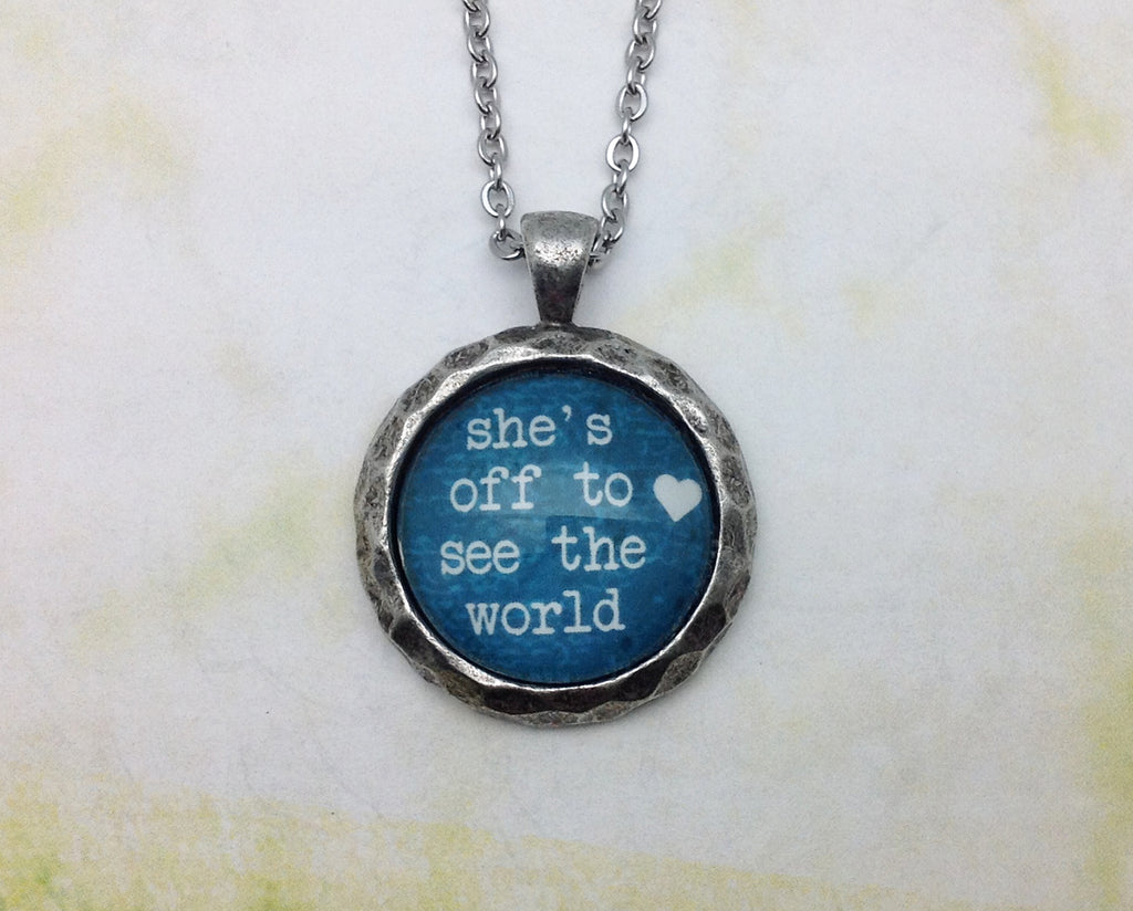 She's Off To See the World Hammered Edge Pewter Necklace