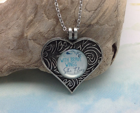 With Brave Wings She Flies Pewter Heart Necklace