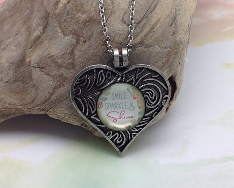 Smile Sparkle and Shine Pewter Heart Necklace