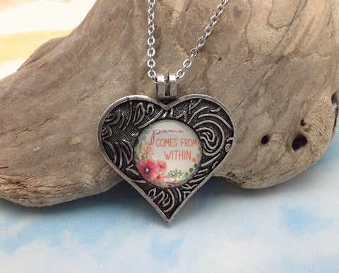 Peace Comes from Within Pewter Heart Necklace