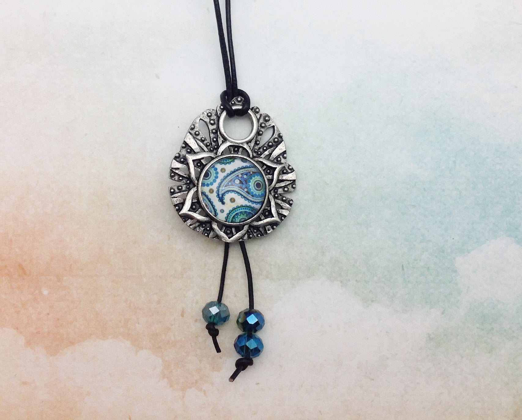 Blue Paisley Mandala Pewter Necklace