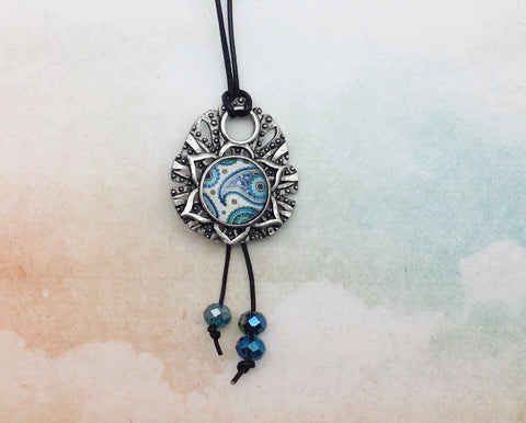 Blue Paisley Mandala Pewter Necklace