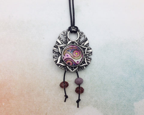 Pink Paisley Mandala Pewter Necklace