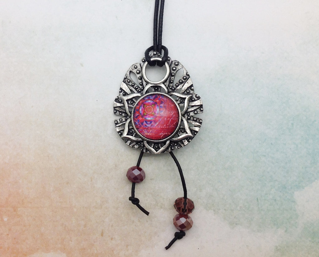 Red Mandala Pewter Necklace