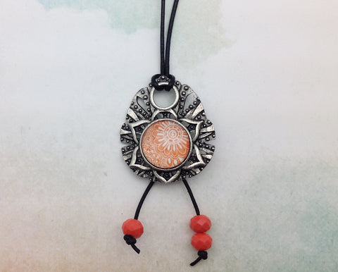 Orange Mandala Pewter Necklace