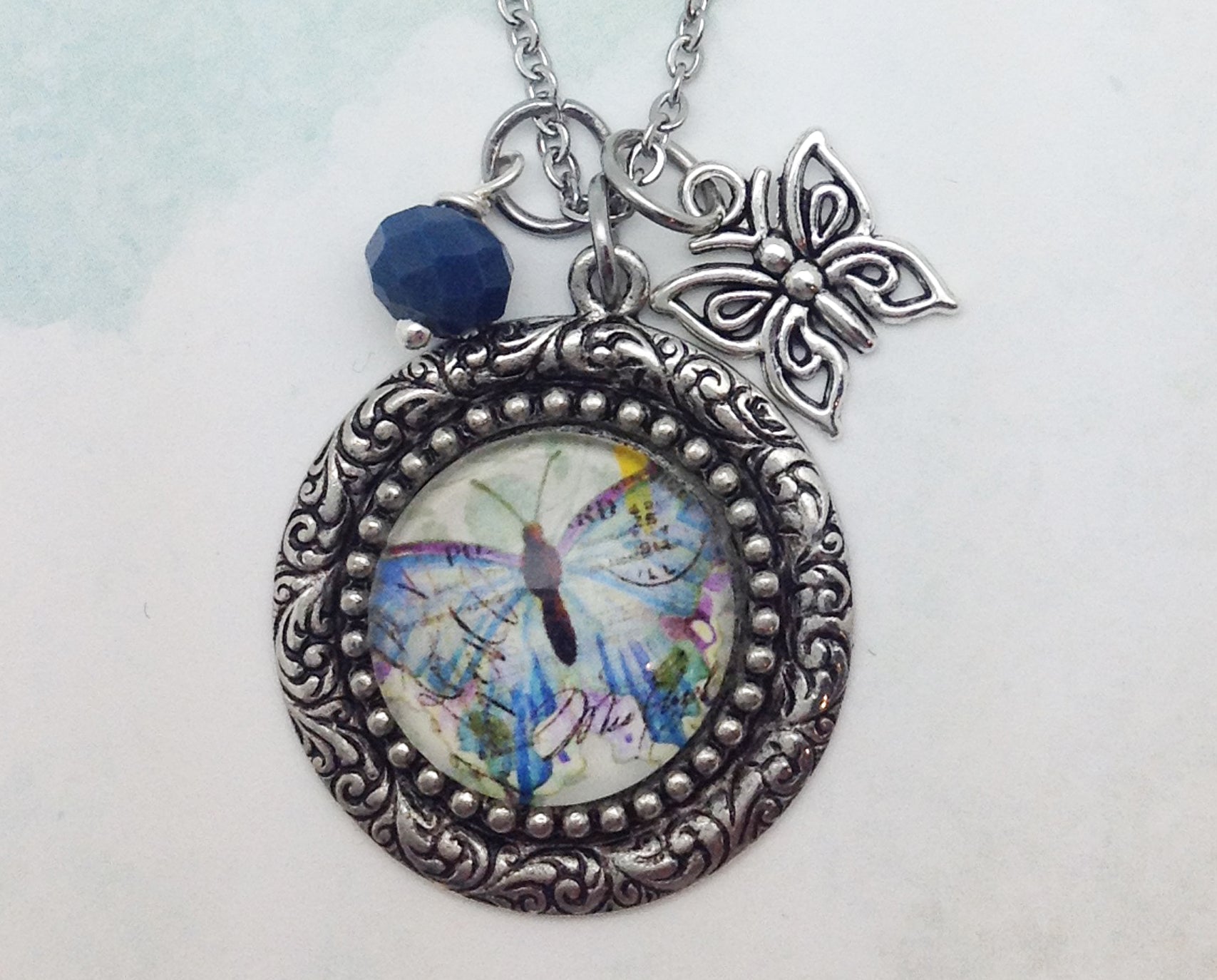 Light Purple Butterfly Vintage Pewter Necklace