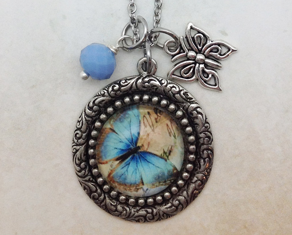 Blue Butterfly Vintage Pewter Necklace